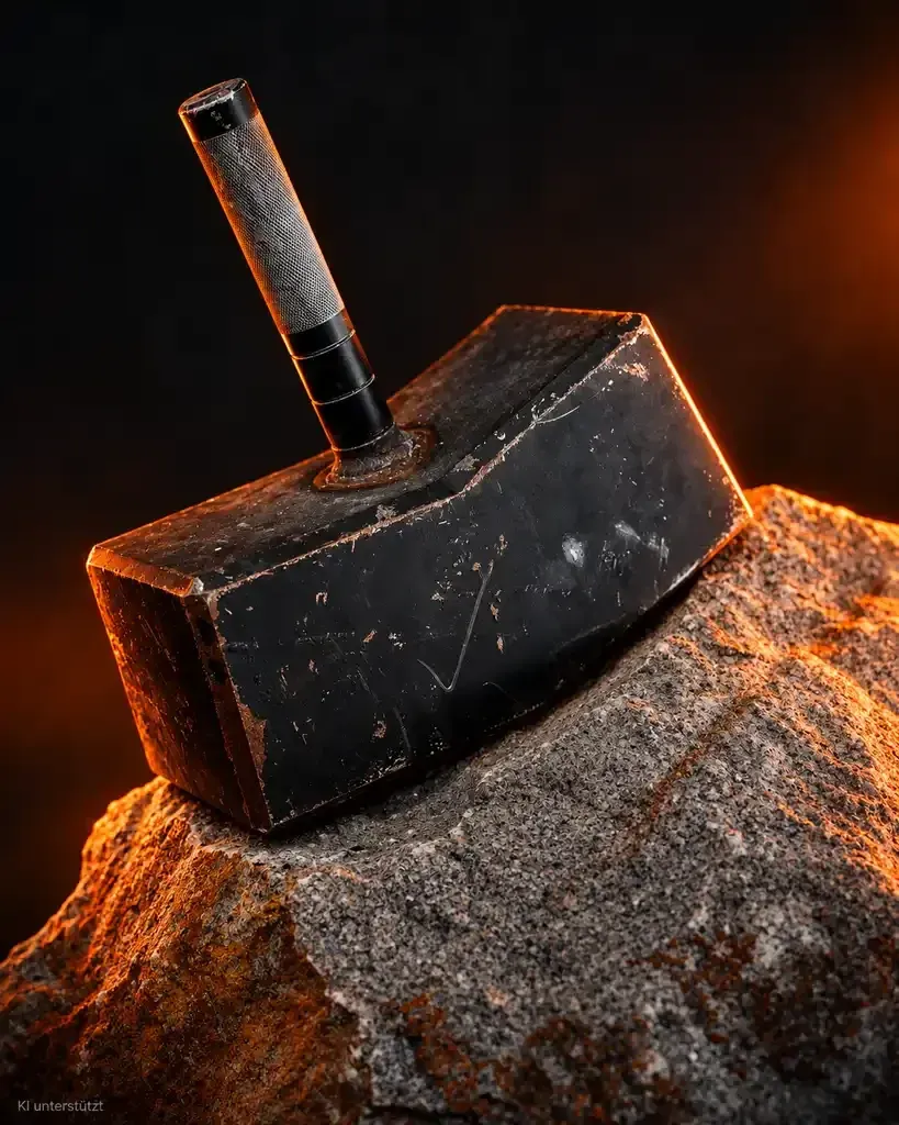Strongman-Hammer auf einem Felsblock im Gegenlicht