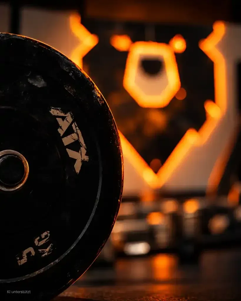 Hantelscheibe im Gym, dahinter ein leuchtendes Bärenkopf-Logo